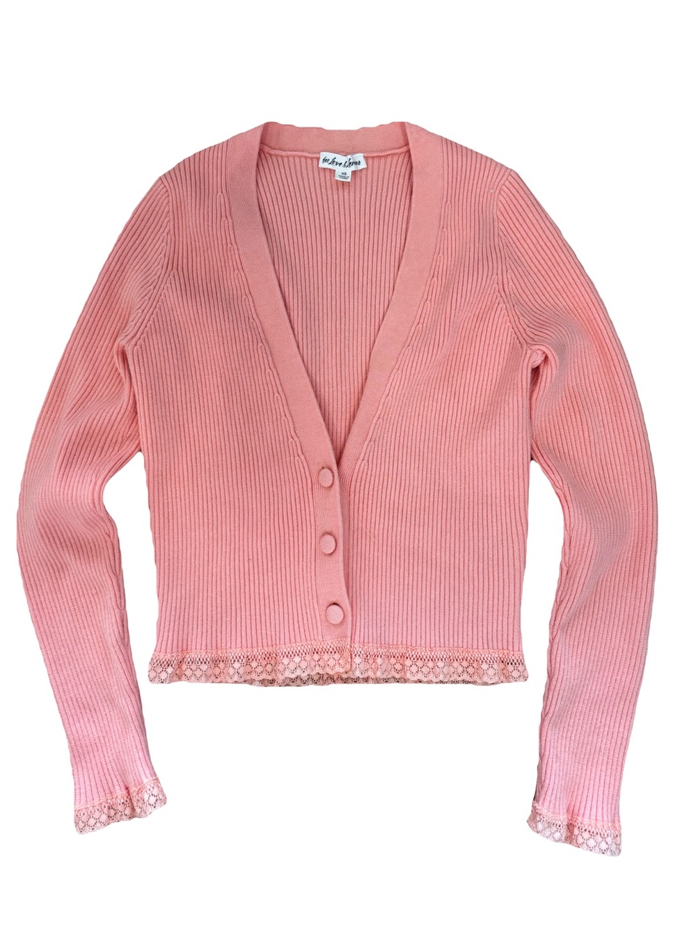 For Love & Lemons Pink Ribbed Button-Front Lace-Trim Cardigan